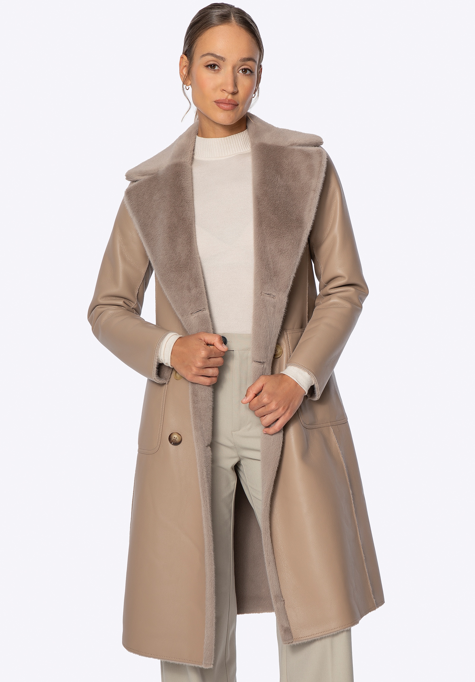 Dwustronny damski płaszcz z wiązaniem beżowy