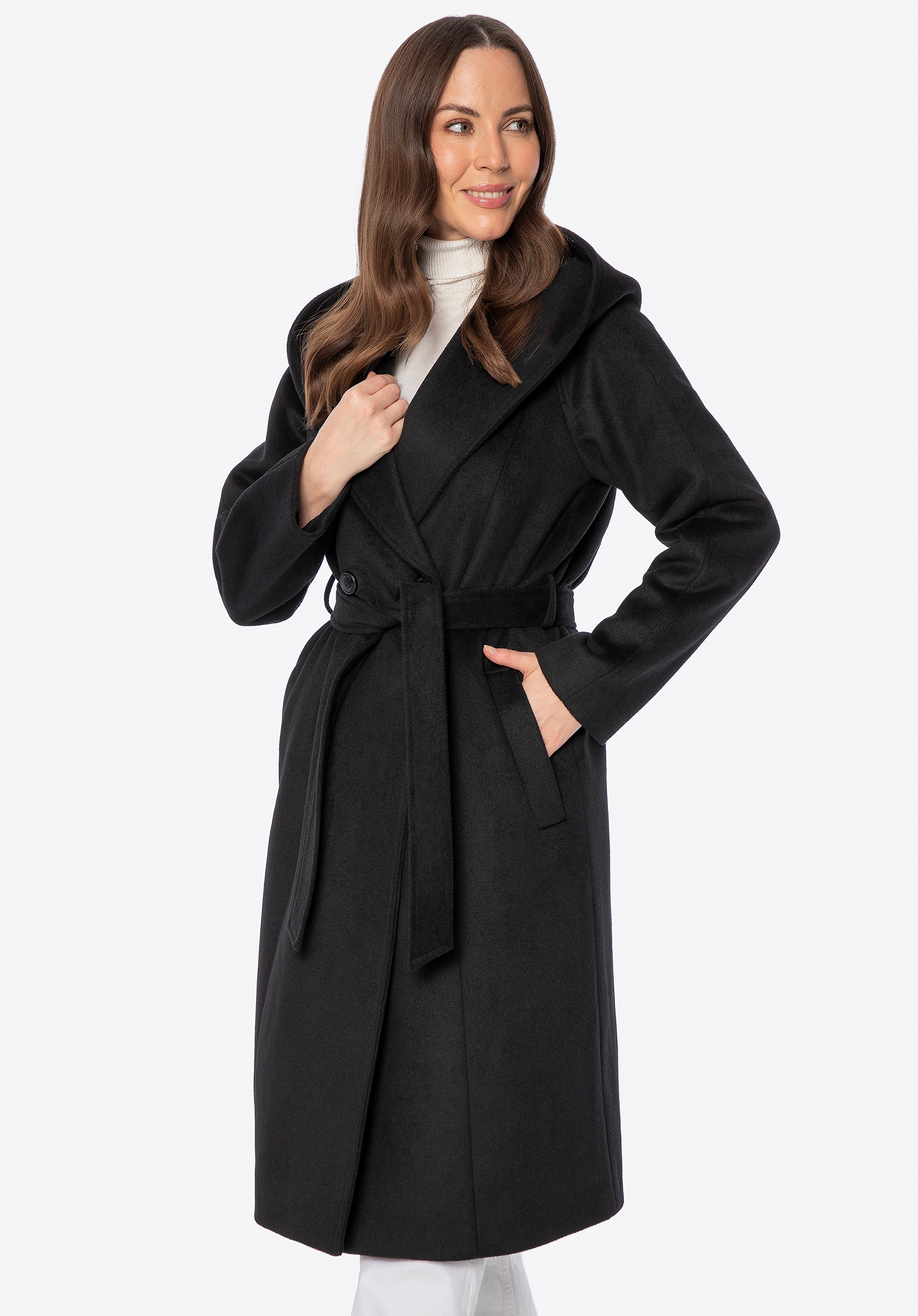 Dodatkowe rabaty - Damski płaszcz dwurzędowy z wełną czarny