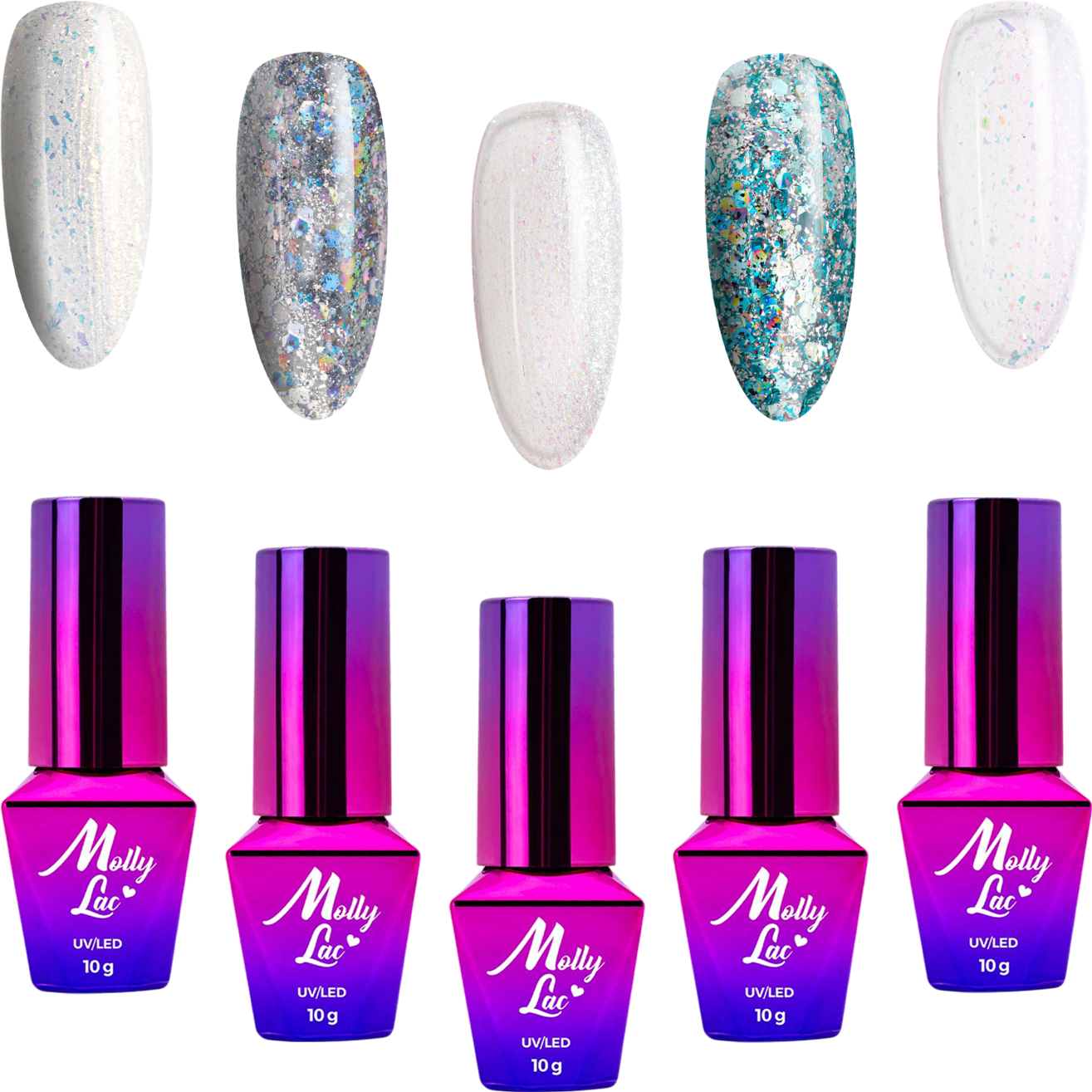 5x Lakier Hybrydowy MOLLYLAC Brokatowe Srebrne 10g ZESTAW