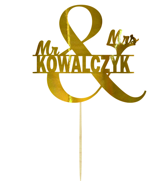 Topper napis na tort dekoracja na Ślub Nazwisko Pary Młodej pik złoty