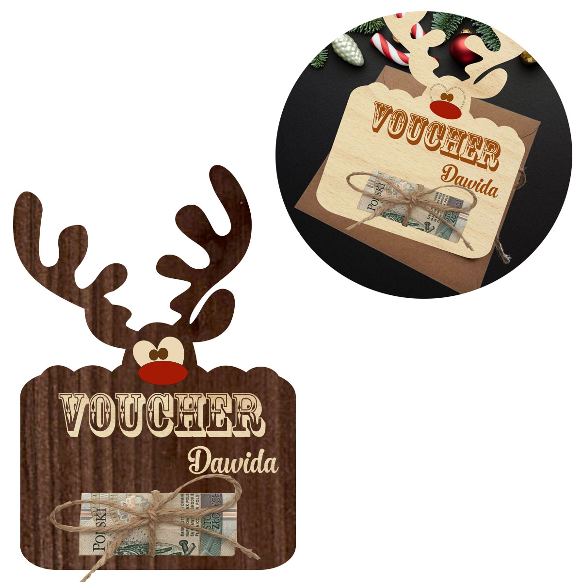 Świąteczny Bon Podarunkowy, drewniana kartka na prezent, pieniadze, voucher mikołajki banknoty Twój napis LOGO