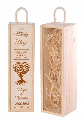 Skrzynka, pudełko drewniane na 1 wino z grawerem ślubnym + wełna