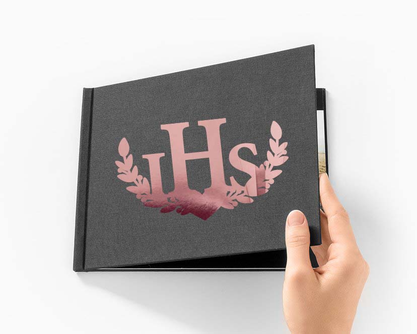 Napis emblemat IHS na ksiegę gości album do zdjęć różowe złoto, dekoracja na Komunię Świętą Chrzest Święty