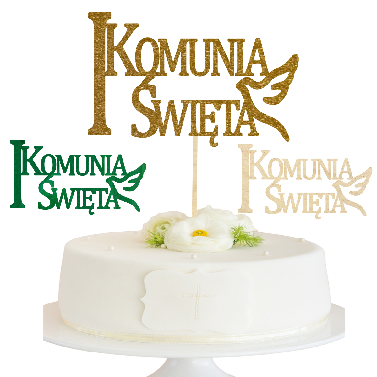 Topper na Komunię Świętą na bok tortu piker napis złoty zielony drewno boho gołąbek