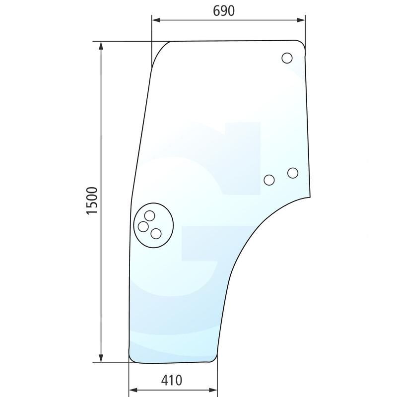 Szyba drzwi lewa, rozstaw otworów na uchwyt 115 mm, zawias na dole CASE JX Quantum New Holland T4000 TN 44910453