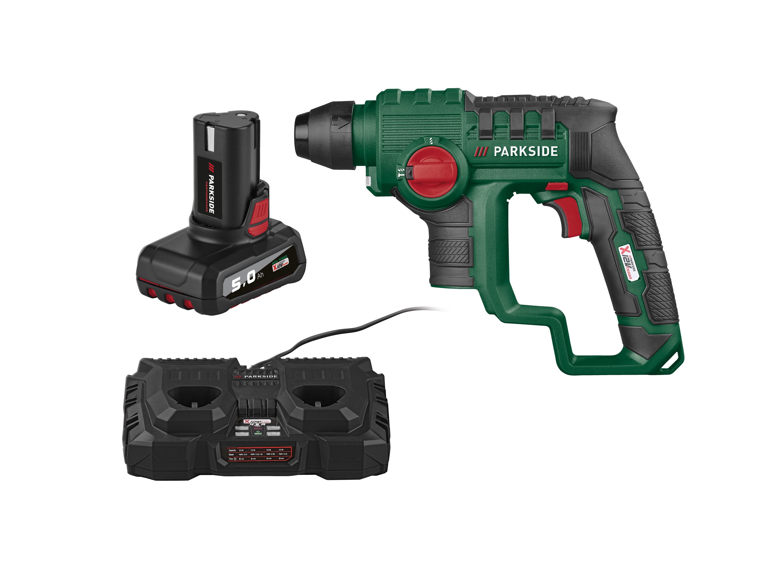 Zestaw Akumulatorowa młotowiertarka udarowa, 12 V z akumulatorem, 5 Ah i podwójną ładowarką, 2 x 4,5 A