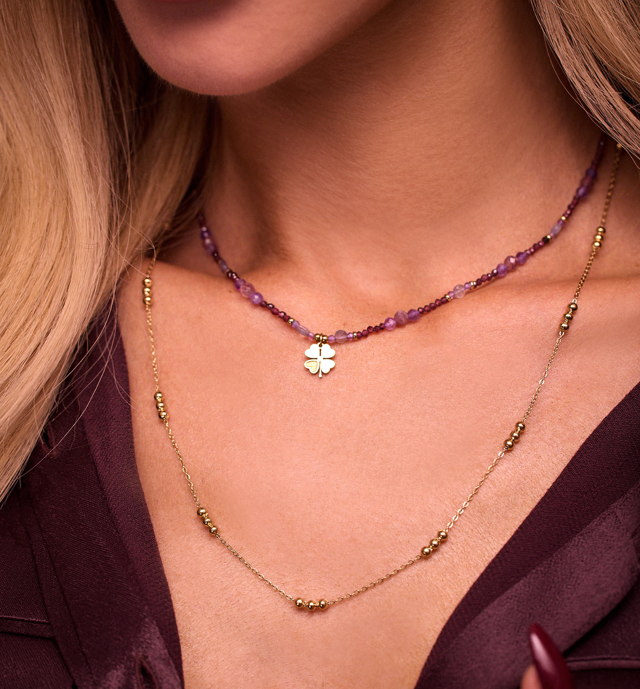 Naszyjnik z ametystami i koniczynką NTW1321