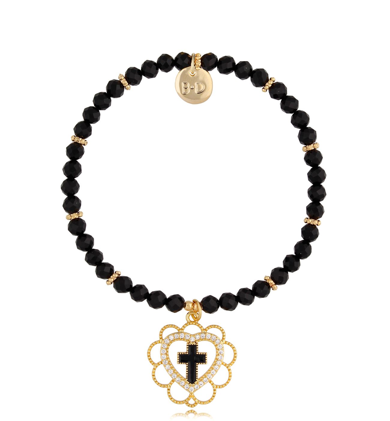 Bransoletka czarna z sercem i krzyżykiem Funchal BTW1312