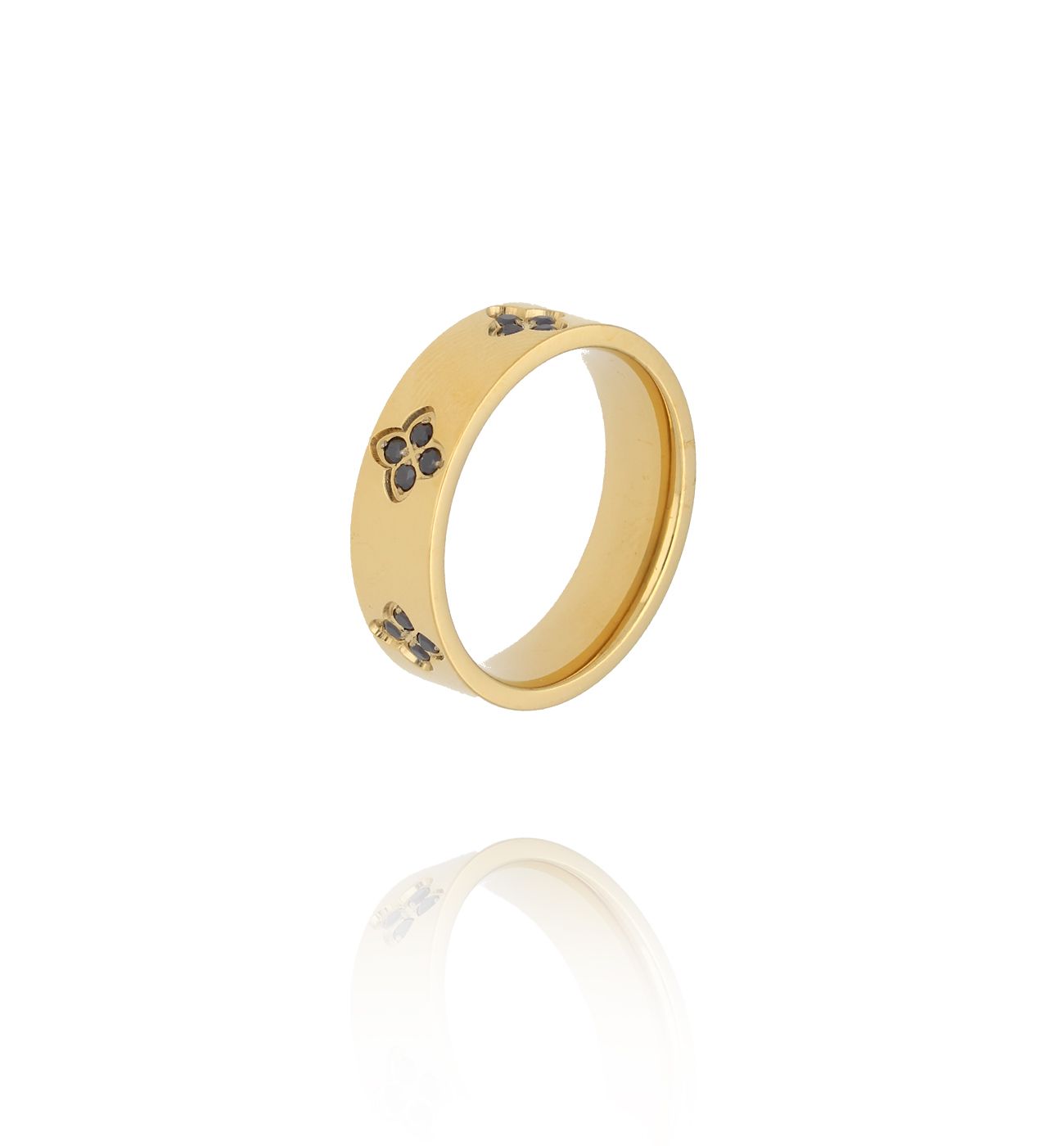 Pierścionek szeroki złoty z motywem koniczynki i cyrkoniami PSY0133 - By Dziubeka