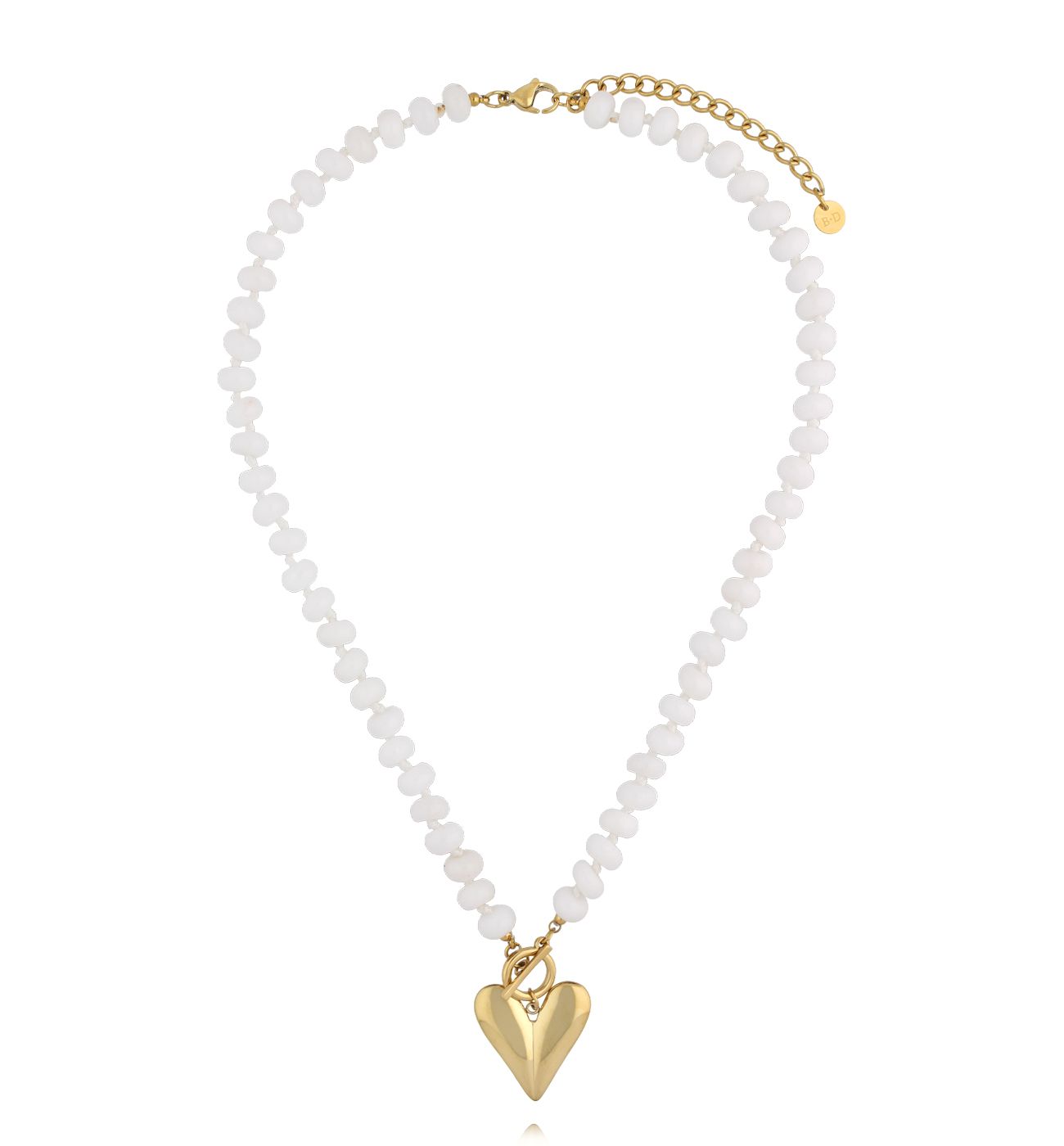 Naszyjnik z białego jadeitu z pozłacanym sercem - By Dziubeka