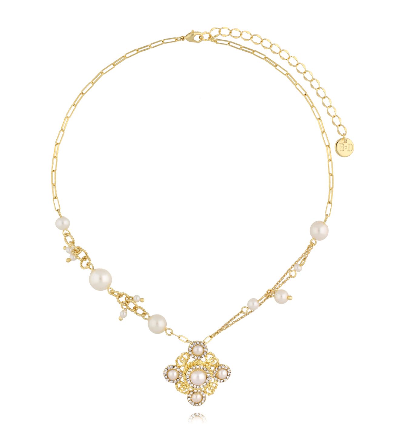 Naszyjnik złocony z perłami i zawieszką w stylu vintage NPE0308