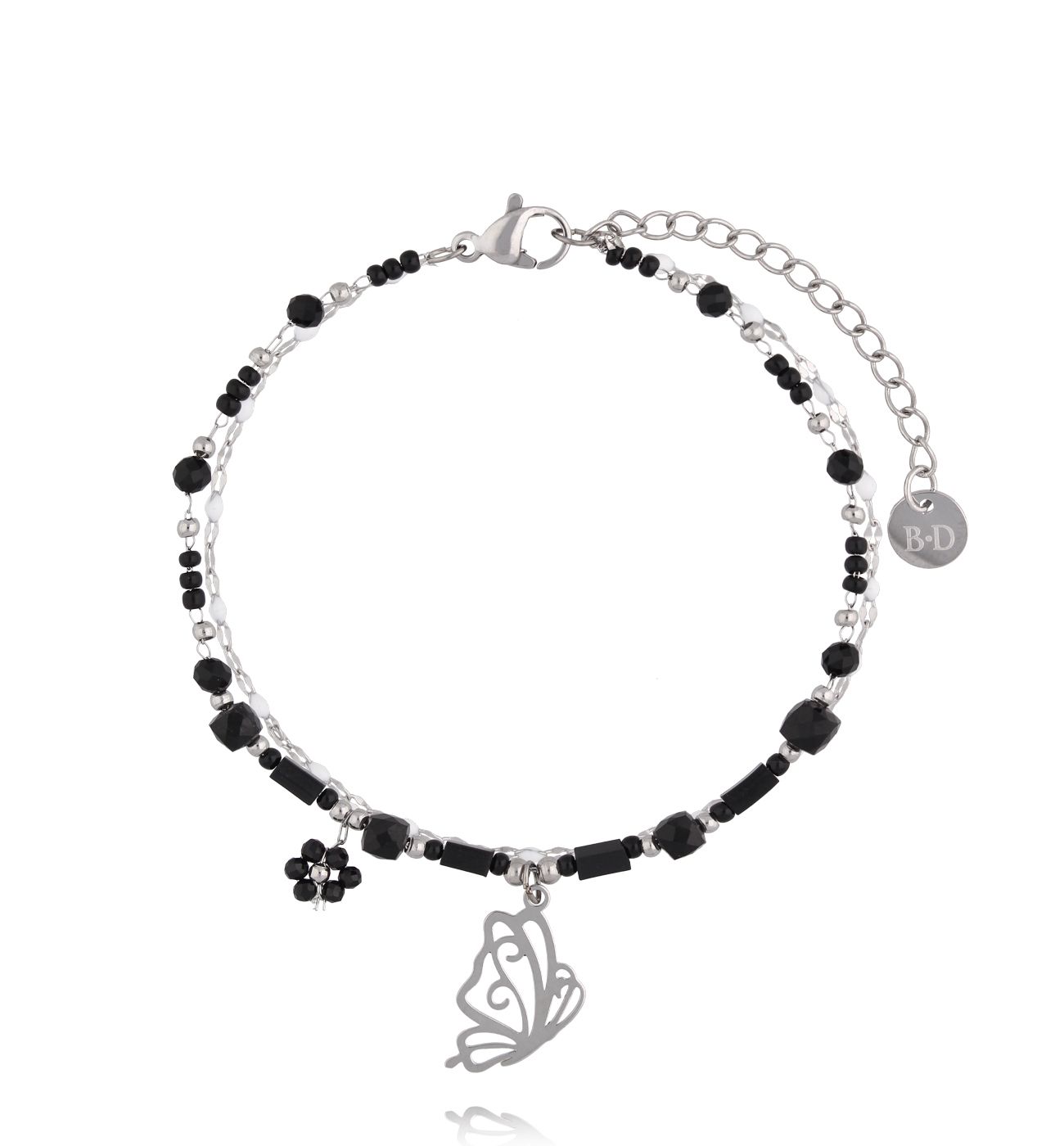 Bransoletka z czarnymi kamieniami i zawieszką motyla BSY0582 - By Dziubeka