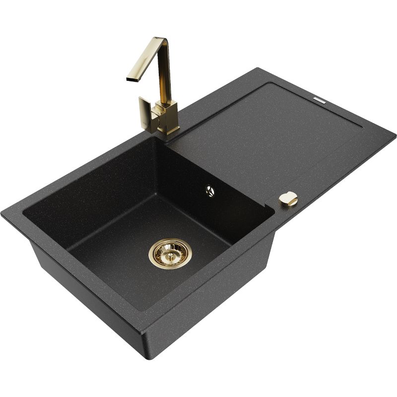 Zlewozmywak granitowy 1-komorowy Mexen Leo z ociekaczem i baterią kuchenną Rita szary - 6501-71-670300-70-B 1 szt.