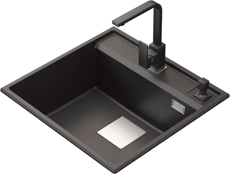 Zestaw zlewozmywak granitowy GranMaster Qube 530x500x209 mm, bateria kuchenna, dozownik do mydła i odpływ czarny metalik 1 szt.