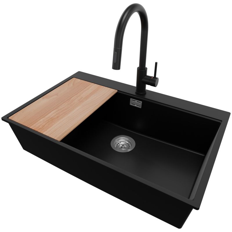 Zlewozmywak Granitowy Oslo PRIMAGRAN Nablatowy 78x50cm do szafki od 80cm, Czarny + Bateria 40x20cm + Syfon + Deska, S613, 1 szt.