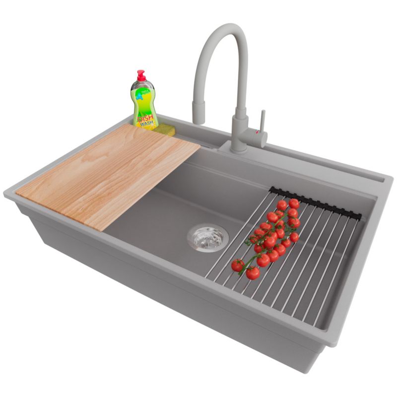 Zlewozmywak Granitowy Oslo Pocket PRIMAGRAN Nablatowy 78x53cm, Szary + Bateria + Syfon + Akcesorium, S411, 1 szt.