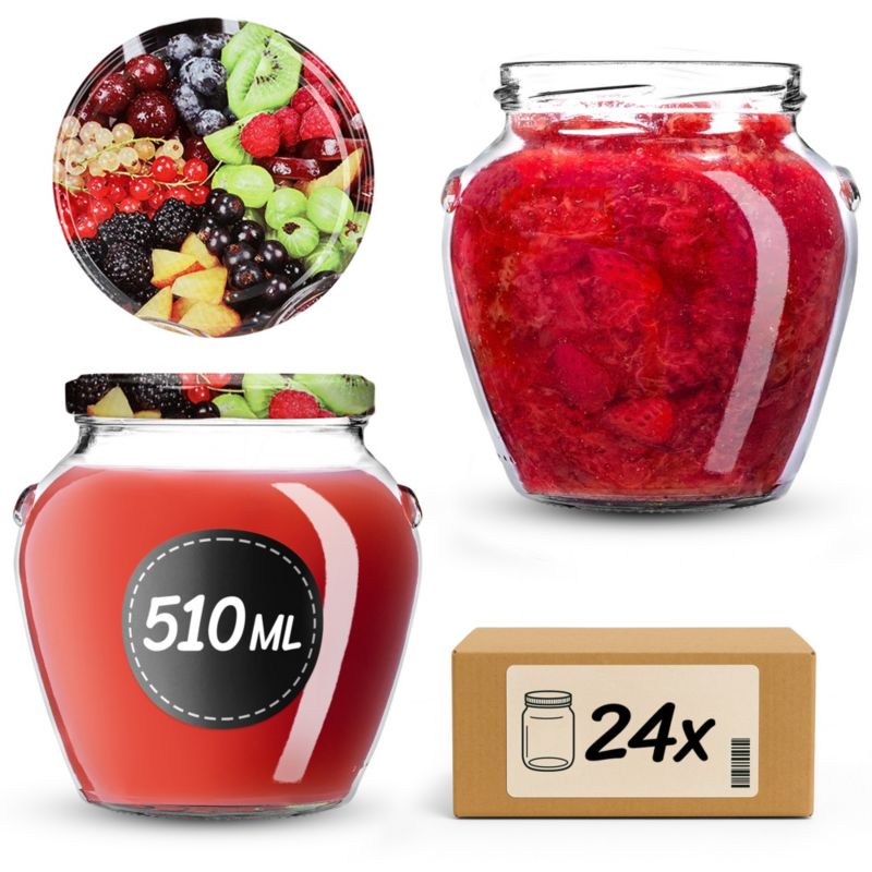 Słoiki KADAX na przetwory 510ml + wieczka "Owoce 2" 82 mm 24 szt.