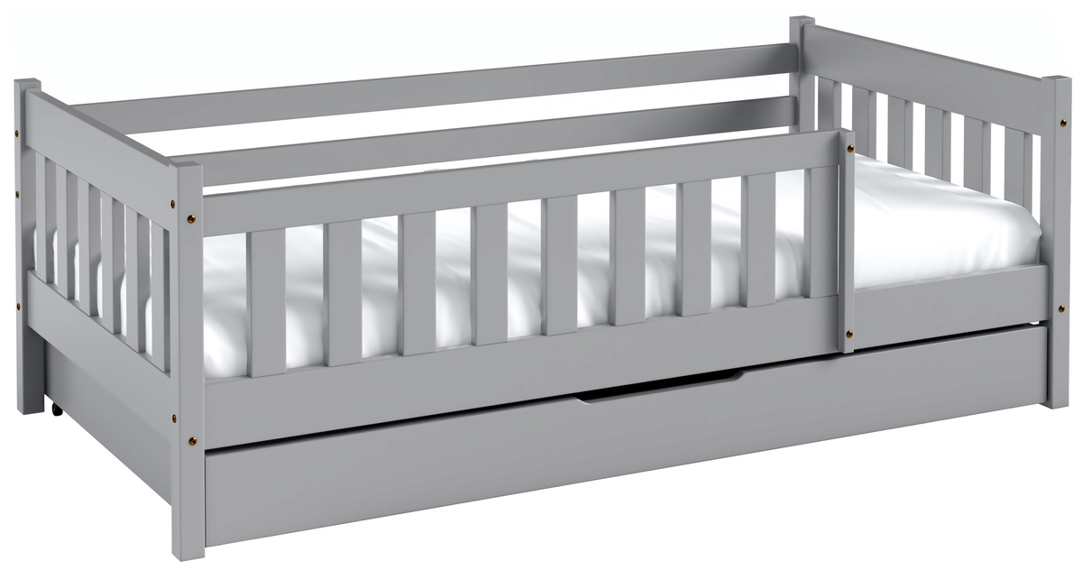 Szare łóżko z barierką i szufladą do pokoju dziecięcego z drewna sosnowego 80x190 cm NEBULA
