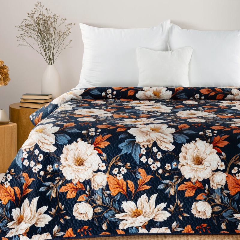 Granatowa narzuta 170x210 cm FLURY kwiatowy wzór na łóżko