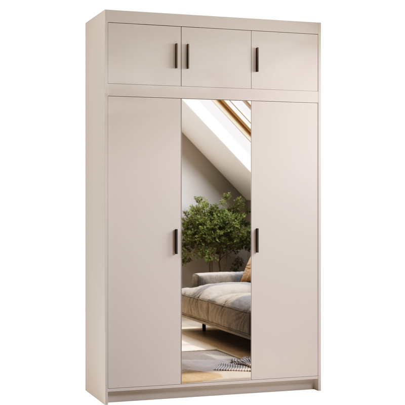 Trzydrzwiowa szafa z lustrem z nadstawką 133 cm beż piaskowy KUBA