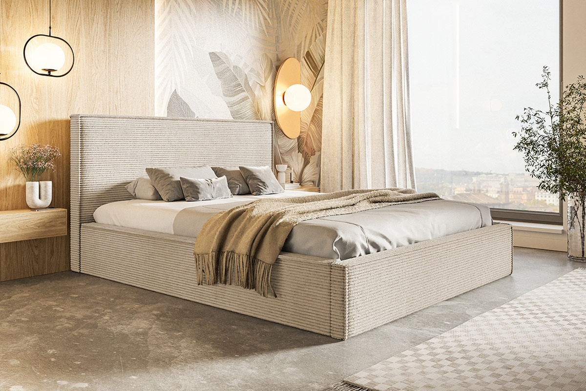 Tapicerowane beżowe łóżko 180x200 cm z pojemnikiem PARISIO