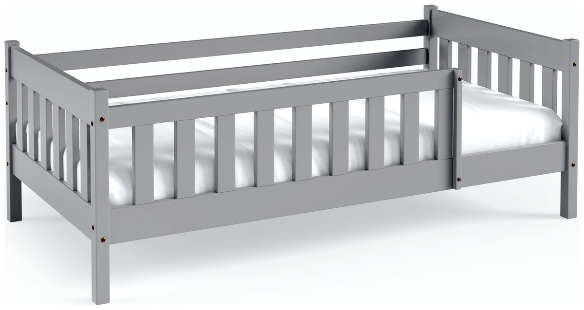 Szare łóżko z barierką do pokoju dziecięcego z drewna sosnowego 80x190 cm NEBULA