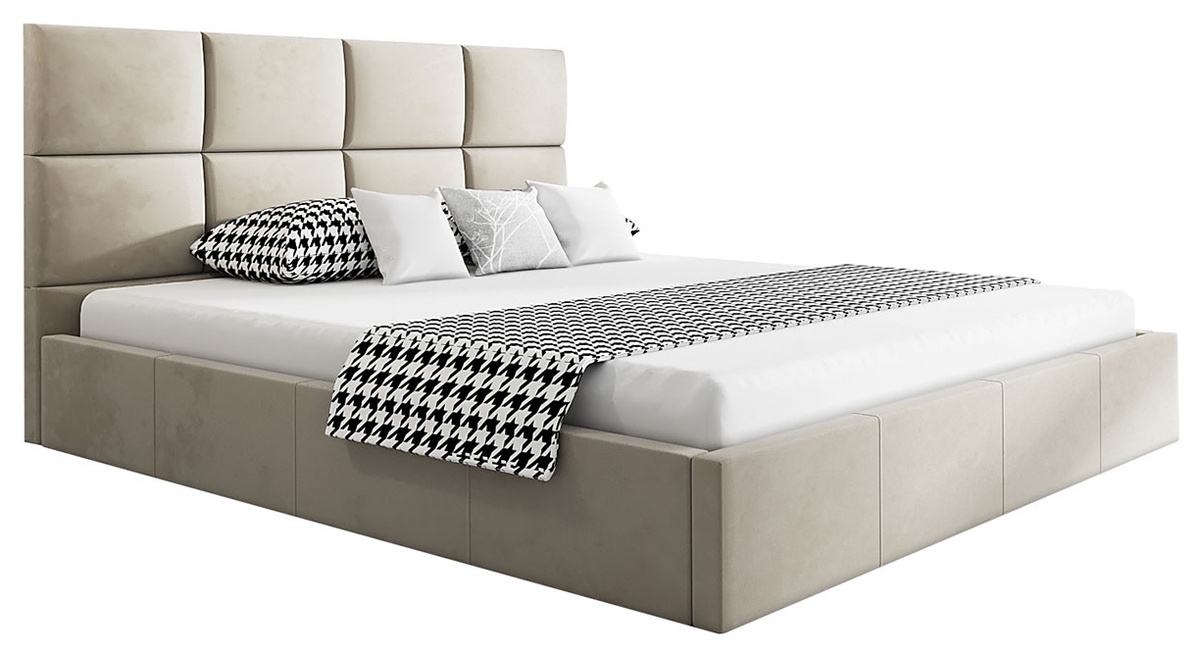 Duże beżowe łóżko tapicerowane do sypialni 180x200 cm AMBY