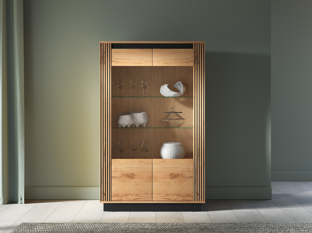 Witryna na książki do salonu 65 cm dąb złoty craft czarny UMIO