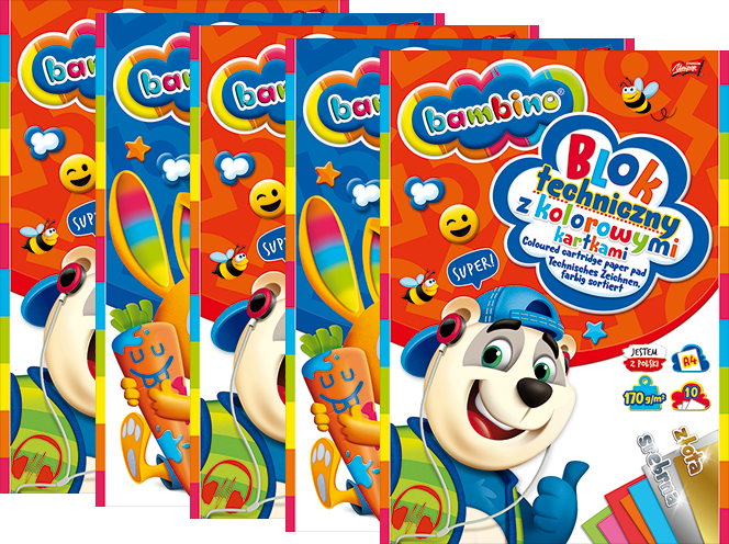 5x Blok techniczny Bambino Zwierzaki Uczniaki, A4, 10 kartek, kolorowy