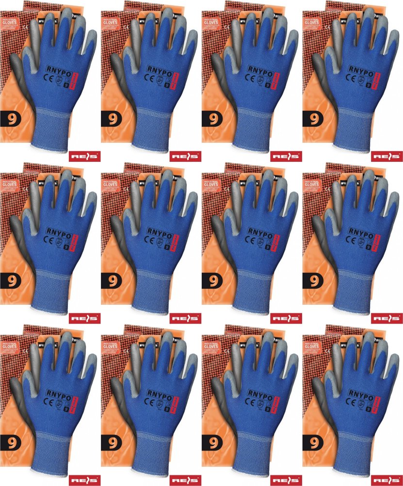 12x Rękawice robocze Reis Rnypo, powlekane, rozmiar 9, niebiesko-szary
