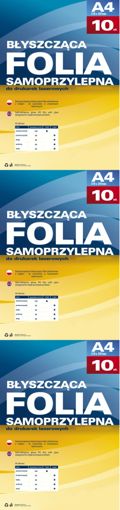 3x Folia samoprzylepna Argo, do drukarek laserowych, A4, 10 arkuszy, biały