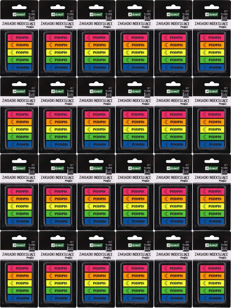 24x Zakładki samoprzylepne D.Rect, z nadrukiem "podpis", indeksujące, folia PET, 12x45mm, 5x25 sztuk, mix kolorów neonowych