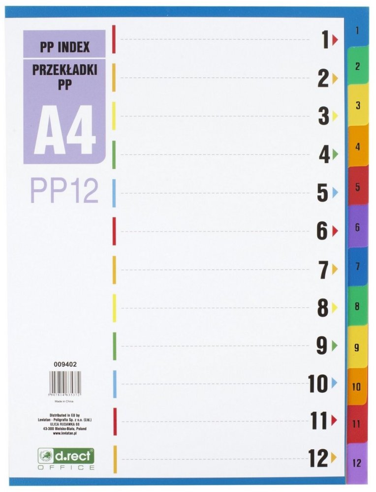 Przekładki do segregatora D.Rect PP12, plastikowe, numeryczne, 1-12 kart, mix kolorów