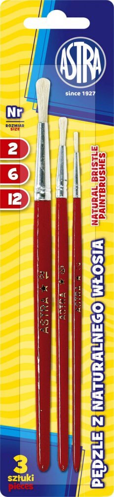Outlet: USZKODZONE OPAKOWANIE Zestaw pędzli Astra, z naturalnego włosia, rozmiar 2/6/12, 3 sztuki
