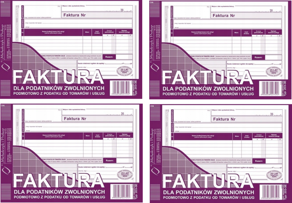 4x Faktura dla podatników zwol.podmiotowo z podatku od towarów i usług MiP 203-3E, A5, samokopiujący, 80k