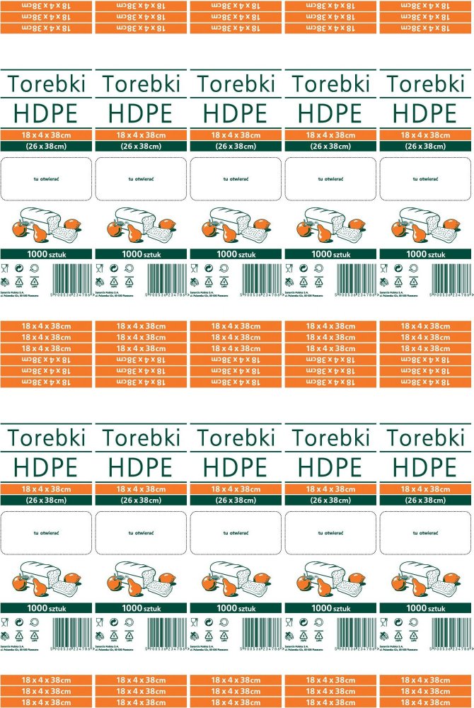 10x Torebki spożywcze Sarantis, HDPE, 18x4x38cm, 1000 sztuk, biały
