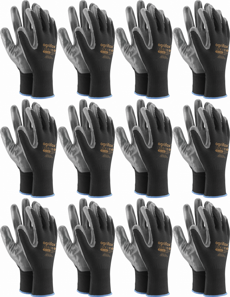 12x Rękawice robocze Ogrifox OX-NITRICAR BS, powlekane, rozmiar 7, czarno-szary