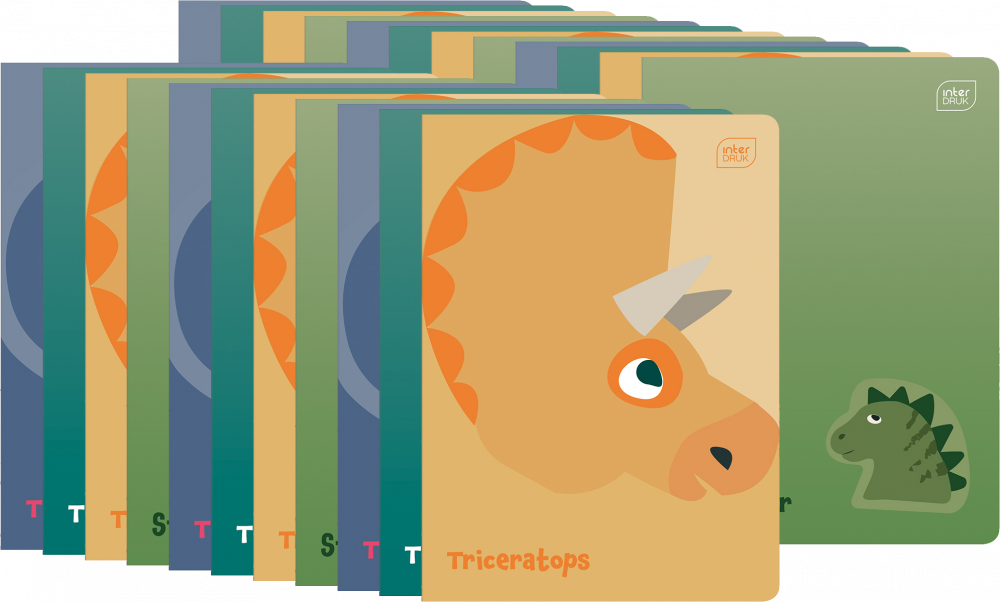 80x Zeszyt w wąskie kolorowe linie Interdruk UV Dinozaurus, A5, 16 kartek, mix wzorów