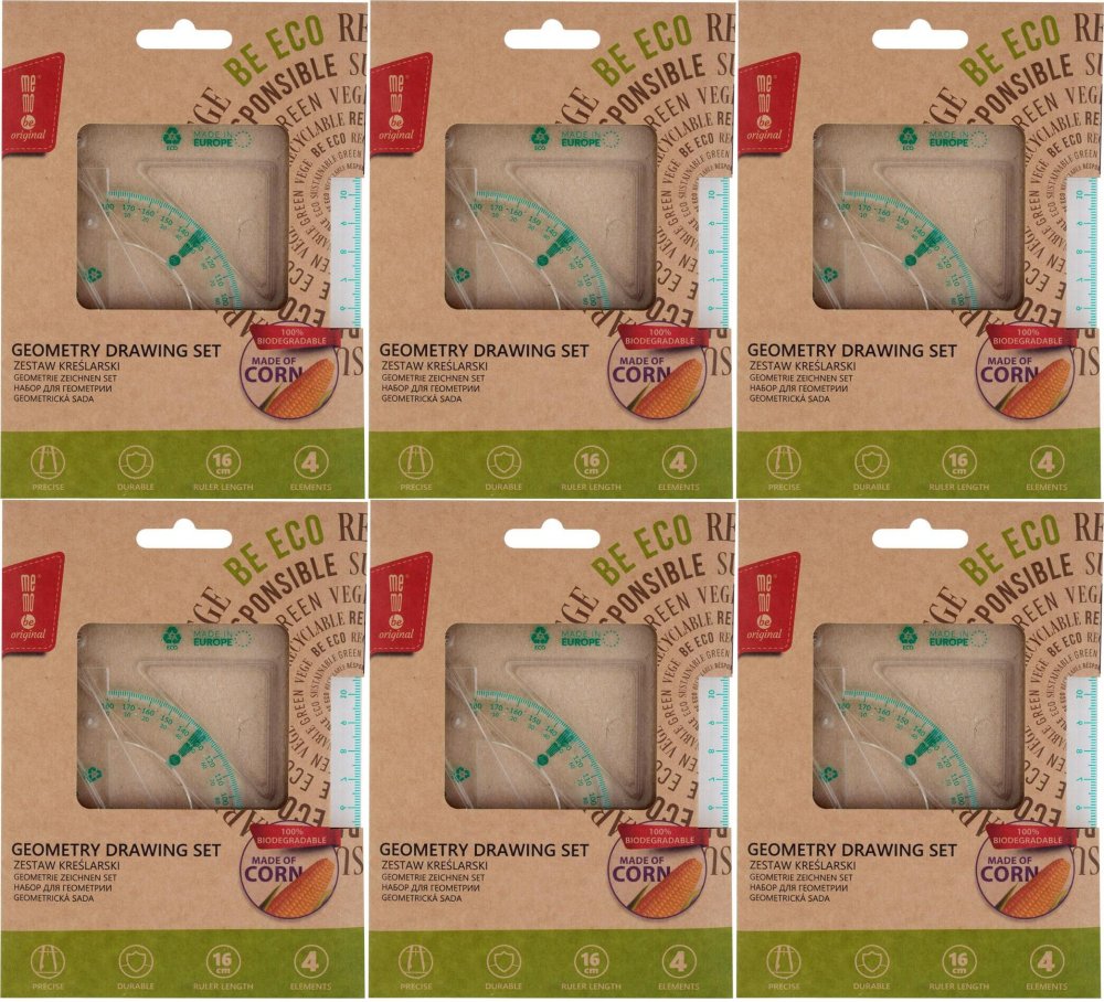 6x Zestaw kreślarski Eco MemoBe by Pratel, z linijką 16cm, 4 elementy, transparentny