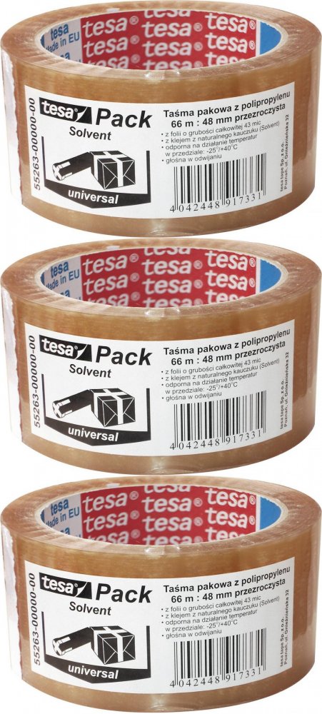 3x Taśma pakowa Tesa Standard Solvent, 48mmx66m, transparentny