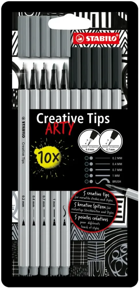 Cienkopisy Stabilo Creative Tips Arty 89/10-1-20, zestaw 10 sztuk, w etui, czarny/szary