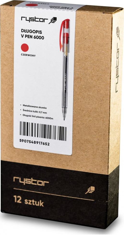 12x Długopis Rystor, V-Pen 6000, 0.7mm, czerwony