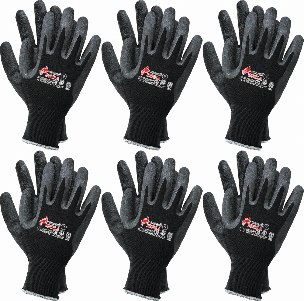 6x Rękawice robocze Reis Dragon RNYLA B, powlekane, rozmiar 10, czarny