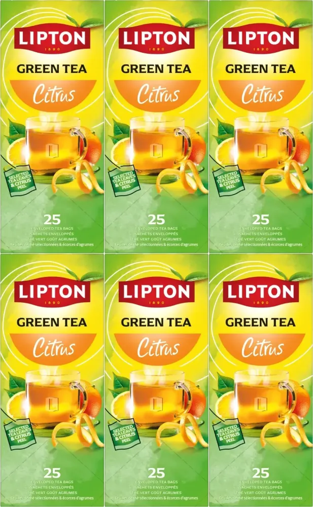 6x Herbata zielona smakowa w kopertach Lipton Classic Green Tea Citrus, cytrynowa, 25 sztuk x 1.3g