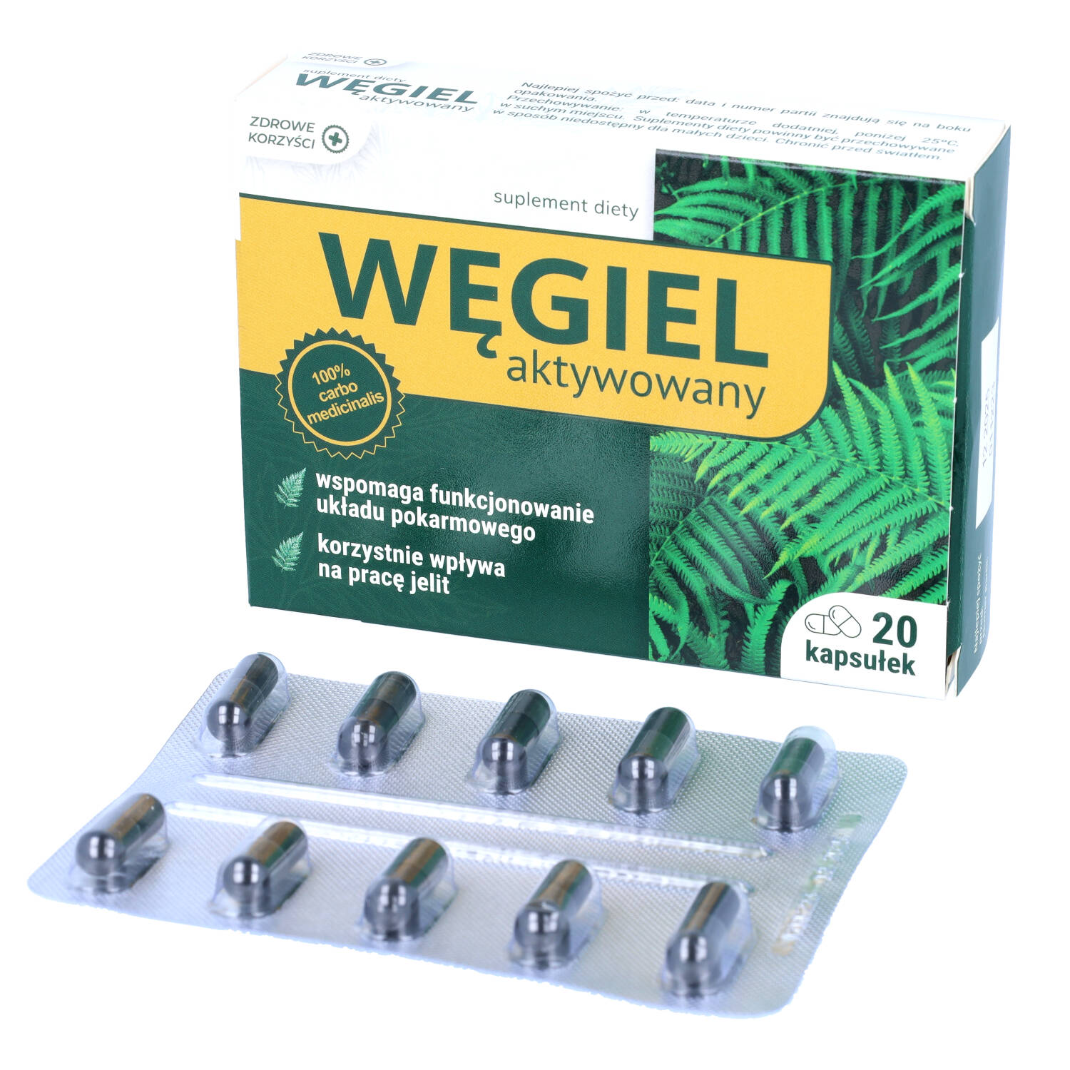 Zdrowe korzyści węgiel aktywowany, 20 kapsułek