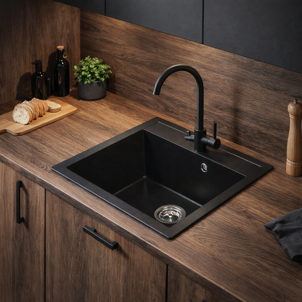 Ruvetti Ditto zlewozmywak granitowy 56x51 cm czarny 3001D_BC60_W - Wysyłka w 24h