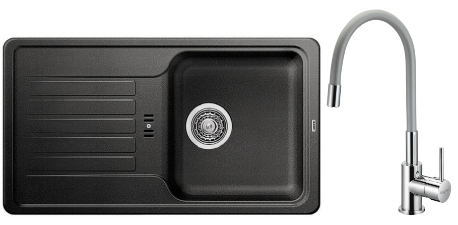 Zestaw Blanco Favos Mini zlewozmywak granitowy 78x43,5 cm antracyt z baterią stojącą Hagser Emma chrom-szary (518186, HGR40000035)