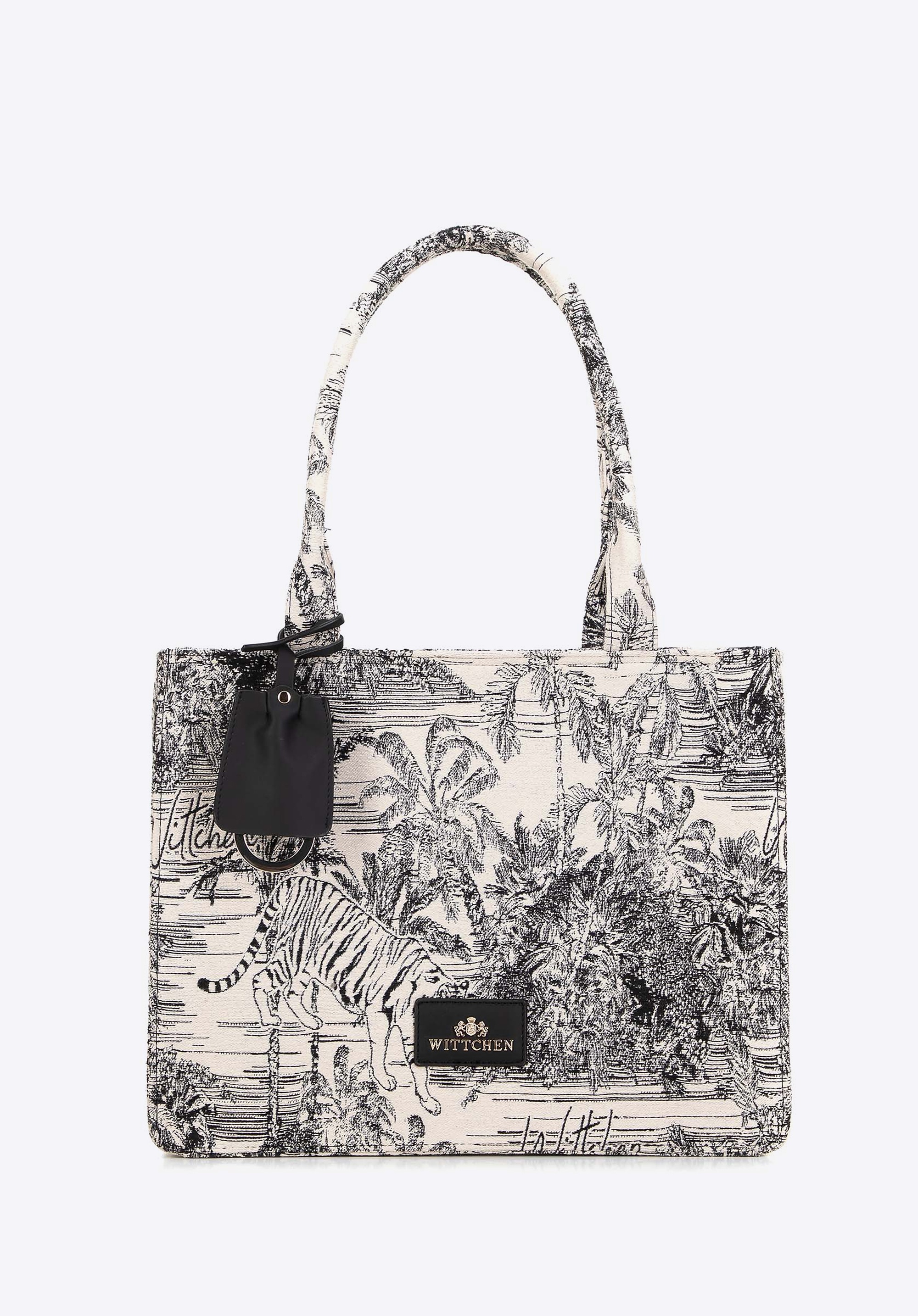 Damska shopperka żakardowa z chwostem czarno - kremowy