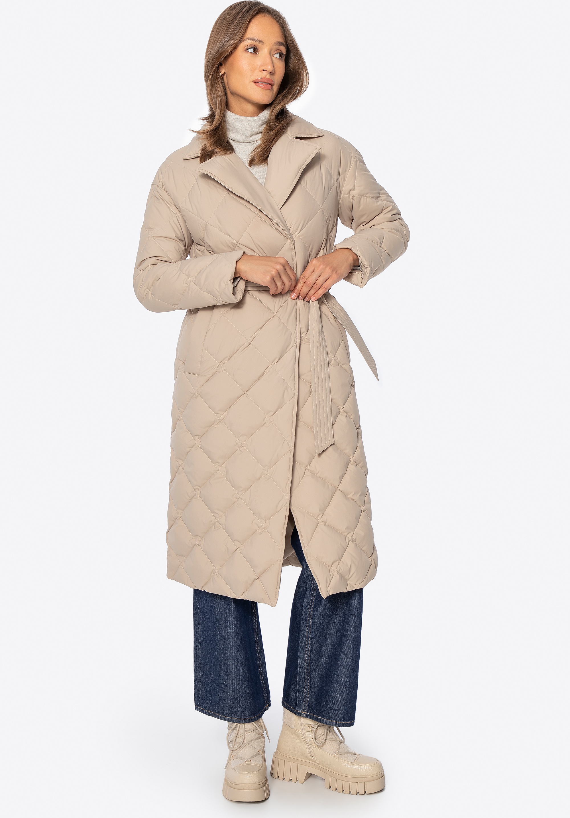 Dodatkowe rabaty - Puchowy płaszcz z naturalnym wypełnieniem kremowy