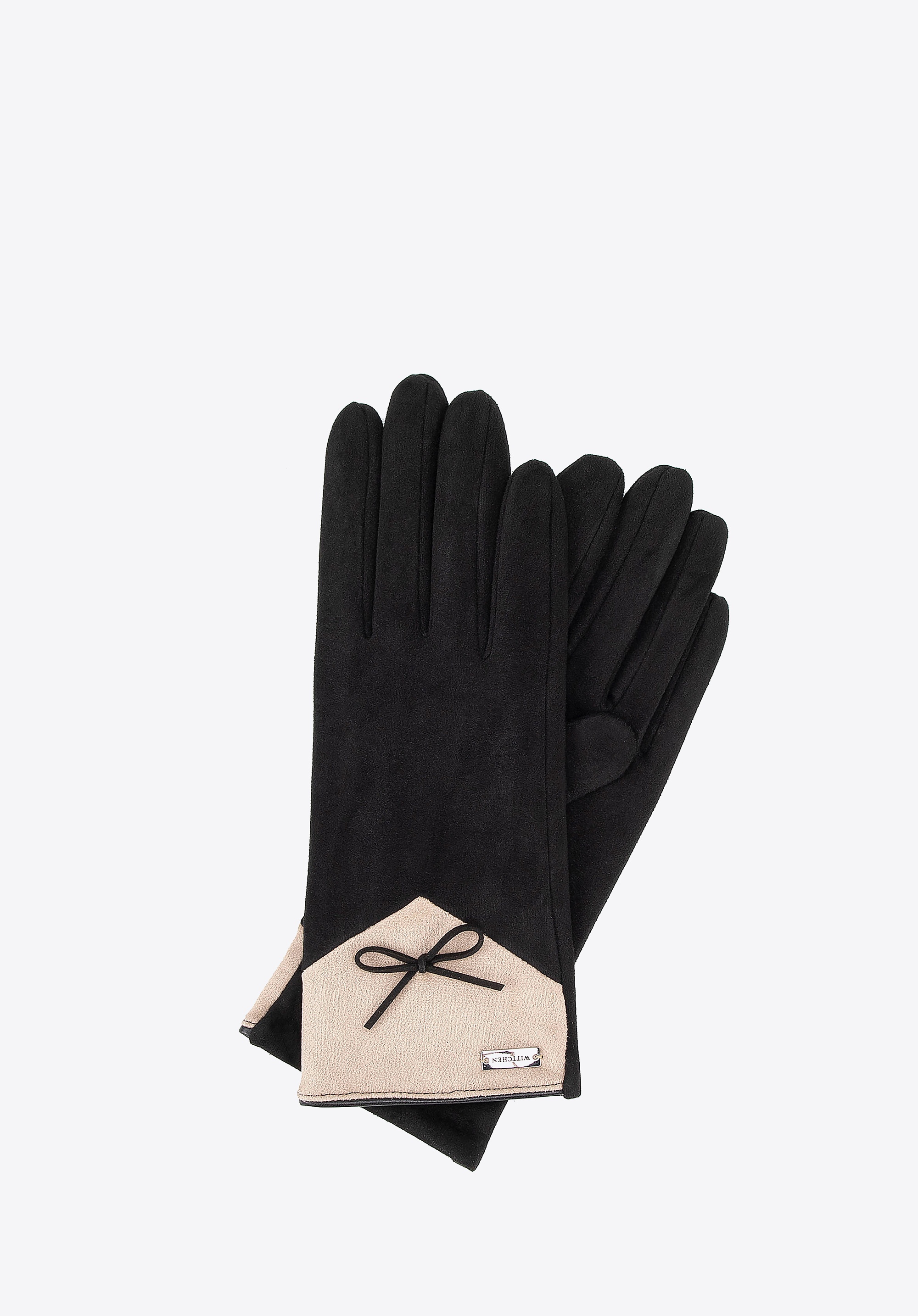 Damskie rękawiczki z kokardą czarno - beżowe